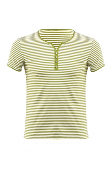 Cool Mens T-Shirt Pinstriped Printed Button Detail Split Neck Short Sleeve Slim Fitted T-Shirt