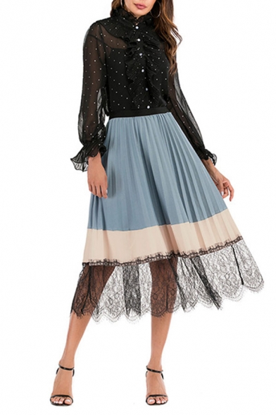 Dainty Skirt Color Block Patchwork Elastic Waist Midi Lace-trimmed Pleated Skirt for Women