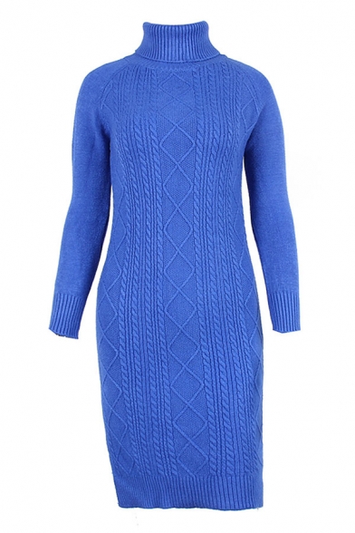 Elegant Ladies Solid Color Long Sleeve Turtleneck Slit Sides Midi Sheath Sweater Dress