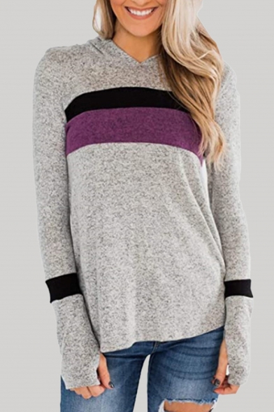 Fashionable Striped Color Block Curved Hem Finger Hole Long Sleeve Regular Fit Hooded Sweatshirt