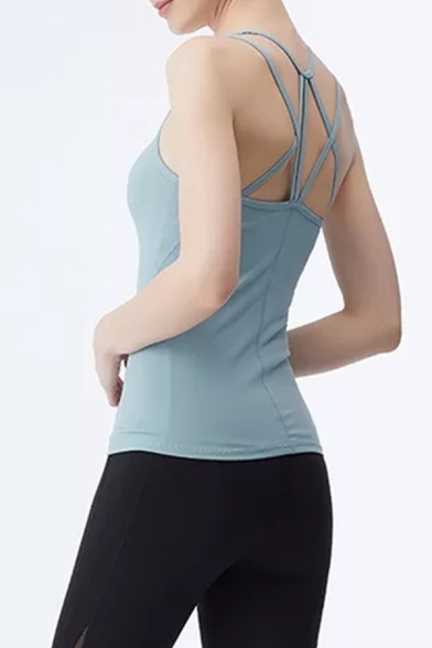 Gym Ladies Blue Hollow Out Back Scoop Neck Slim Fit Quick Dry Tank Top