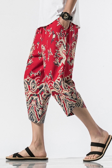 Leisure Chinese Style Printed Drawstring Waist Linen and Cotton Cropped Carrot Fit Pants