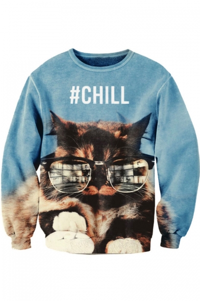Letter CHILL 3D Sunglasses Cat Pattern Round Neck Long Sleeve Gray Sweatshirt