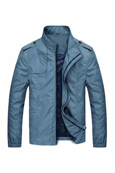 Mens Jacket Creative Solid Color Epaulets Zipper up Long Sleeve Mock Neck Regular Fit Casual Jacket