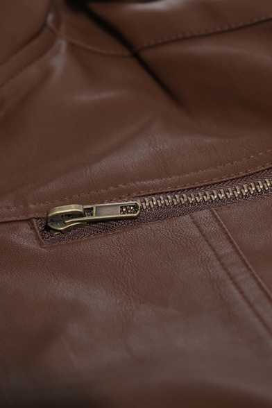 Mens Jacket Fashionable Rib Trim Zipper Decorated Long Sleeve Mock Neck Slim Fitted Leather Jacket