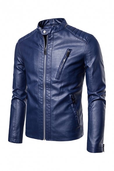Mens Jacket Fashionable Zipper Vents Mock Neck Slim Fitted Long Sleeve Leather Jacket