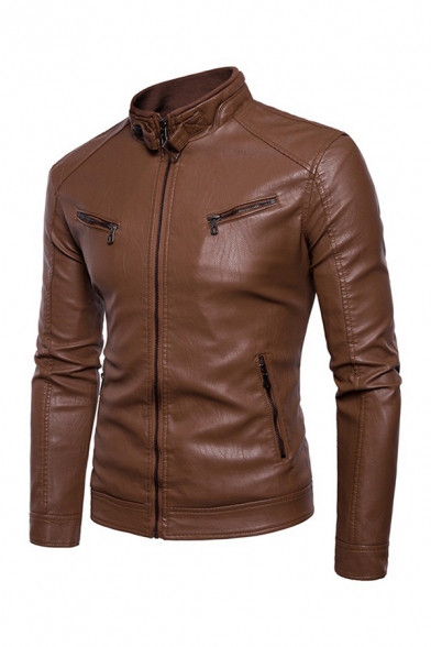 Mens Jacket Simple Zipper Embellished Mock Neck Slim Fitted Long Sleeve Leather Jacket