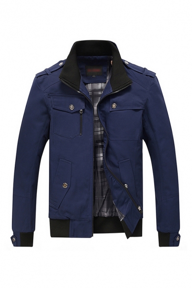 Mens Jacket Trendy Plaid-Lined Epaulette Pockets Zipper Detail Mock Neck Regular Fit Long Sleeve Casual Jacket