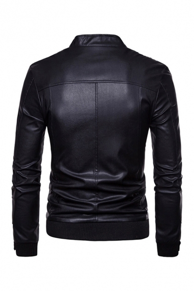 Mens Jacket Unique Solid Color Button Cuffs Zipper up Long Sleeve Mock Neck Slim Fitted Leather Jacket