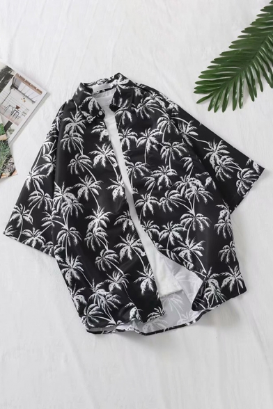 Mens Shirt Chic Palm Tree Pattern Curved Hem Button up Spread Collar Half Sleeve Relaxed Fit Shirt