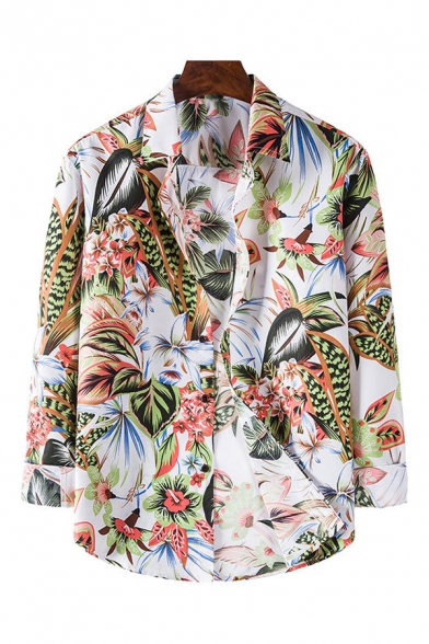 Mens Shirt Creative Mixed Flower Leaf Pattern Button-down Long Sleeve Turn-down Collar Loose Fitted Shirt