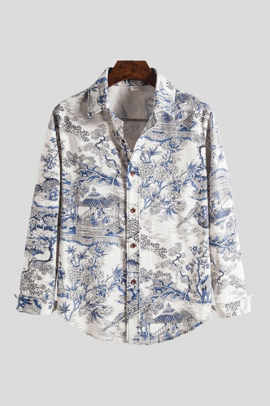 Mens Shirt Stylish Character Flower Chinese Kiosk Printed Turn-down Collar Button-down Slim Fitted Long Sleeve Shirt