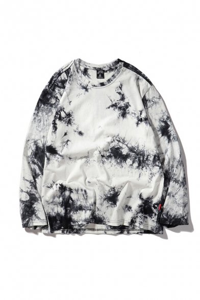 Mens T-Shirt Fashionable Tie Dye Loose Fitted Long Sleeve Round Neck T-Shirt
