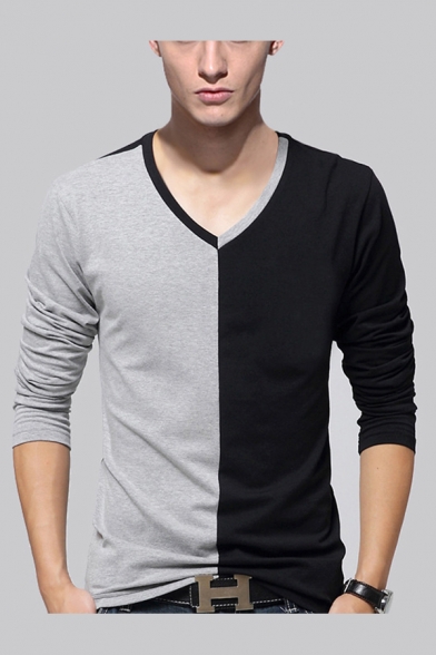 Mens T-Shirt Stylish Two-Tone Cotton V Neck Long Sleeve Slim Fitted T-Shirt
