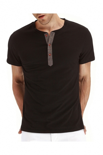 Mens Tee Top Chic Short Sleeve Round Neck Button Detail Slim Fitted Tee Top