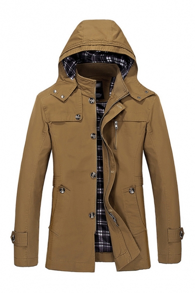 Mens Trench Coat Creative Button Decoration Plaid Lined Zipper up Long Sleeve Slim Fitted Mid-Length Hooded Trench Coat