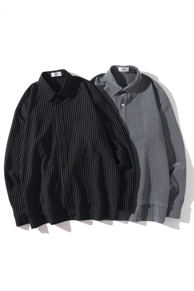 Mens Trendy Shirt Vertical Striped Pattern Button up Loose Fit Full Sleeve Point Collar Shirt