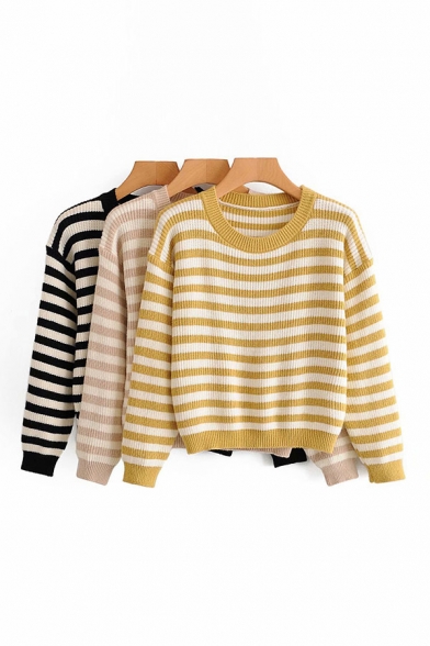Pop Womens Striped Print Round Neck Long Sleeve Loose Knitted Pullover Sweater