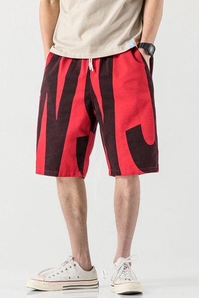 Popular Mens Color Block Drawstring Waist Knee Length Loose Fit Beach Shorts