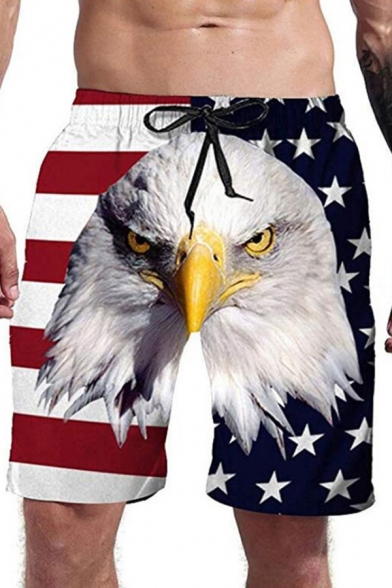 Popular Mens White Drawstring Waist Flag Eagle 3D Printed Straight Shorts
