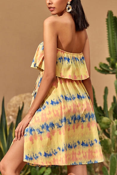 Pretty Womens Tie Dye Print Strapless Ruffled Slit Drawstring Waist Short A-line Tube Dress in Yellow