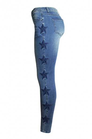Retro Womens Blue Jeans Medium Wash Side Star Embroidered Zipper Fly Ankle Length Slim Fit Tapered Jeans