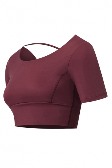 Sexy Fitness Womens Quick Dry Short Sleeve Hollow Out Back Short Sleeve Crew Neck Slim Fit Crop T Shirt in Burgundy