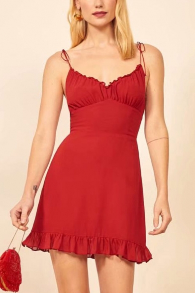 Sexy Ladies Solid Color Bow Tied Shoulder Stringy Selvedge Short A-line Slip Dress