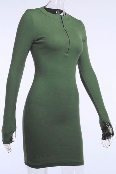 Stylish Womens Knit Solid Color Long Sleeve Deep V-neck Short Bodycon Dress