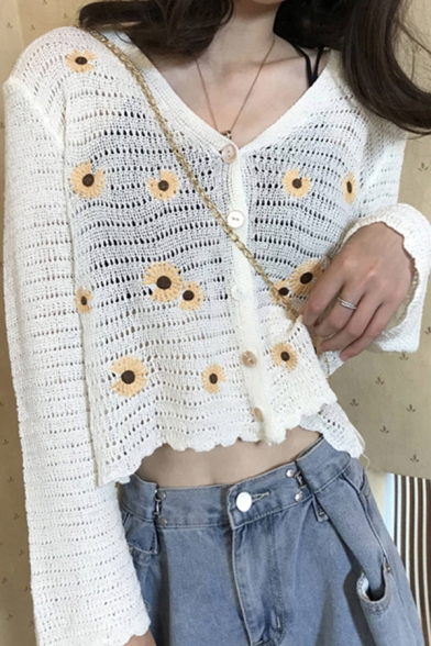 Unique Womens Daisy Embroidery Single Breasted V-Neck Long Sleeve Relaxed Cropped Knit Cardigan Pointelle Sweater