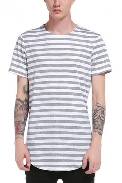 Vintage Mens T-Shirt Striped Printed Curved Hem Tunic Crew Neck Short Sleeve Regular Fitted T-Shirt