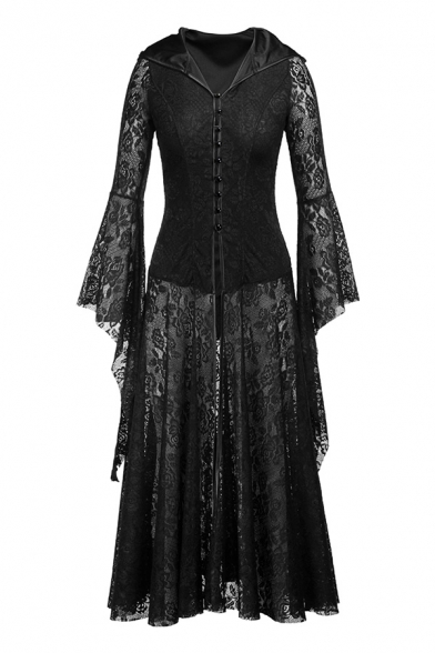 Vintage Womens See-through Lace Bell Long Sleeve Hooded Button Up Maxi Pleated A-line Dress in Black