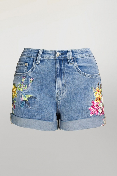 Womens Blue Shorts Creative Floral Embroidered Roll-up Stretch Regular Fitted Zipper Fly Denim Shorts
