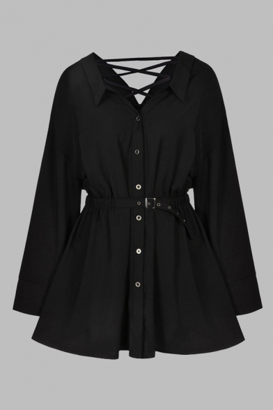 Womens Dress Trendy Plain Buckle Belted Front Button Crisscross Detail Long Sleeve Turn-down Collar Short Black A-Line Dress