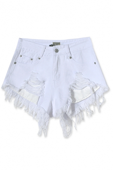 Womens Fancy Shorts Solid Color Frayed Hem High-rise White Short Zip Placket Slim Fit Pockets Denim Shorts