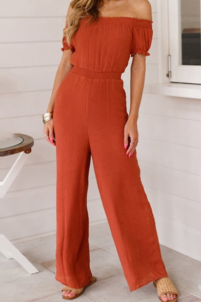 Womens Jumpsuits Unique Solid Color Waist-Controlled off Shoulder Wide Leg Loose Fitted Short Puff Sleeve Jumpsuits