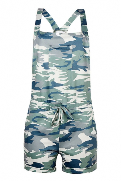 Womens Overalls Shorts Fashionable Camouflage Pocket Drawstring Waist Overalls Shorts