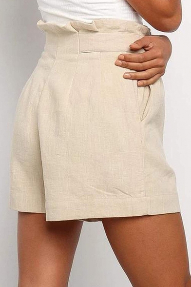 Womens Shorts Fashionable Plain Cotton Linen Wide Leg Button Detail Pleated Loose Fitted Relaxed Shorts
