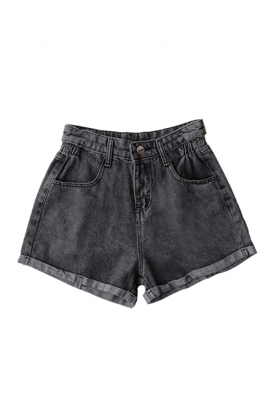 Womens Shorts Simple Side-Elastic Roll-up Hem High Rise Zipper Fly A-Line Regular Fitted Denim Shorts
