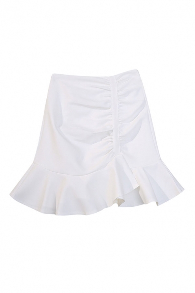 Womens Skirt Stylish Plain Pleated Zipper Back Ruffle Hem High Rise Mini Trumpet Skirt
