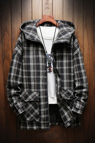 Basic Mens Overcoat Plaid Pattern Flap Pockets Zipper up Long Sleeve Regular Fit Hooded Overcoat