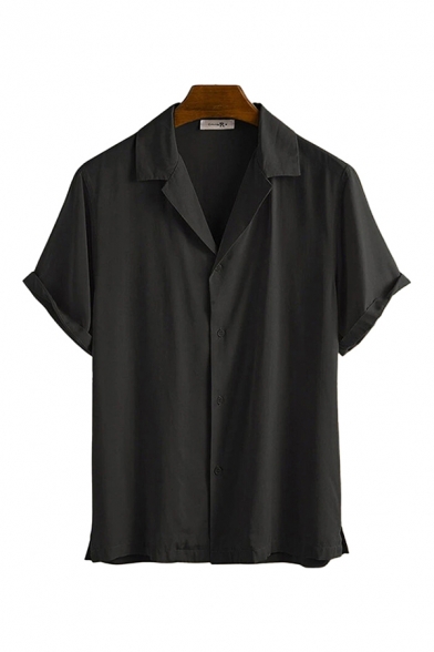 Basic Shirt Solid Color Slit Button up Regular Fit Short-sleeved Notch Collar Shirt for Men