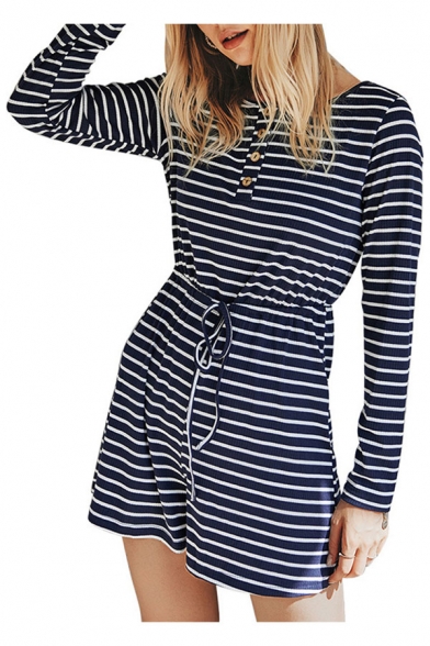 Basic Womens Rompers Striped Printed Drawstring Waist Rib Knitted Button Detail Long Sleeve Boat Neck Regular Fitted Rompers