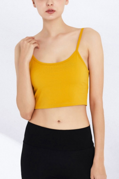 Basic Womens Spaghetti Straps Scoop Neck Slim Fitted Crop Running Cami Top in Yellow