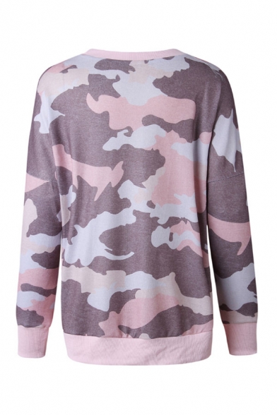 Casual Camo Print Long Sleeve Round Neck Relaxed Tunic Sweatshirt Top for Ladies