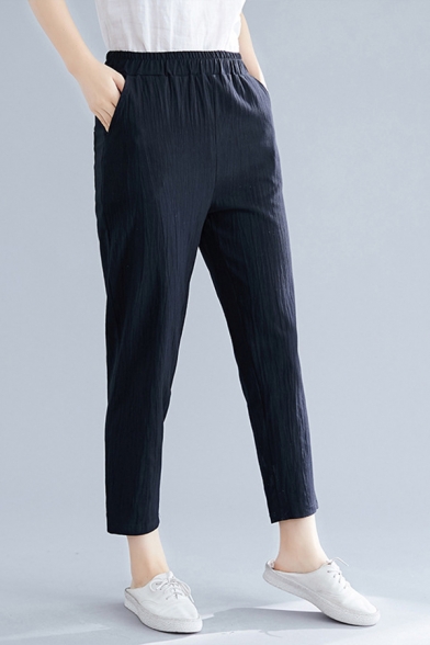 Casual Womens Plain Linen and Cotton Elastic Waist Cropped Relaxed Fit Pants