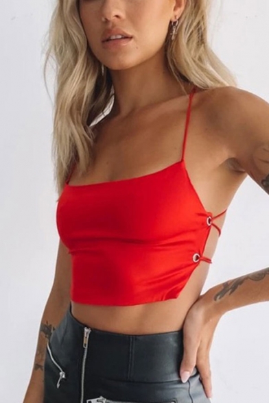Chic Womens Solid Color Halter Hollow Out Back Fitted Crop Cami Top