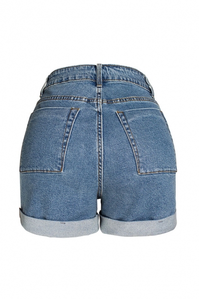 Classic Blue Womens Shorts Rolled Cuffs High Rise Zipper Fly Slim Fitted Denim Shorts with Washing Effect