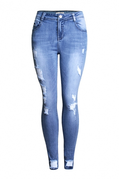 Classic Womens Blue Jeans Medium Wash Distressed Zipper Fly Ankle Length Slim Fit Tapered Jeans