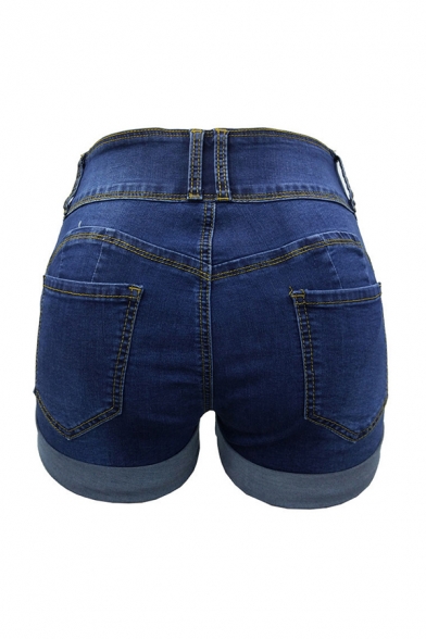 Classic Womens Blue Shorts Dark Wash Ripped Rolled Cuffs Three-Button Detail Slim Fitted Denim Shorts